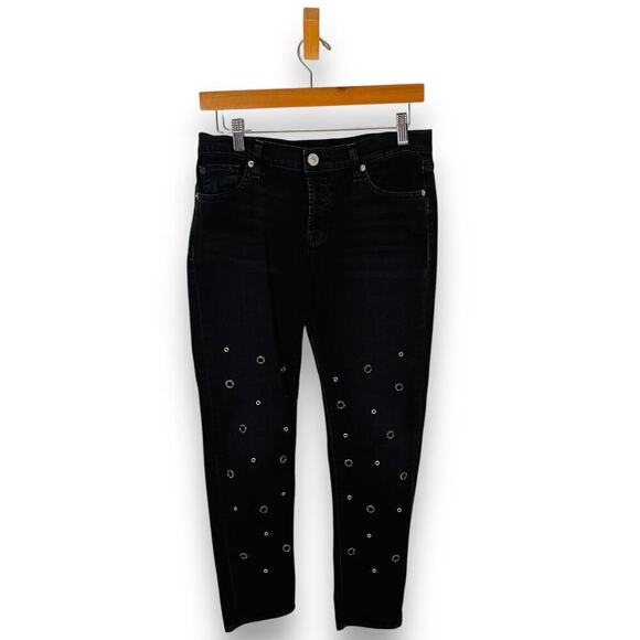 Hudson Jeans Riley Crop Edgy Grommet Distressed Black Denim Size 26 - Picture 1 of 10